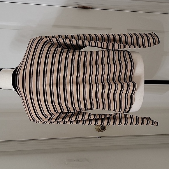 ATM Size M Tan w/ Black Stripes Boy Tee, Long Sleeve, Button Shoulder Detail EUC - Picture 5 of 14